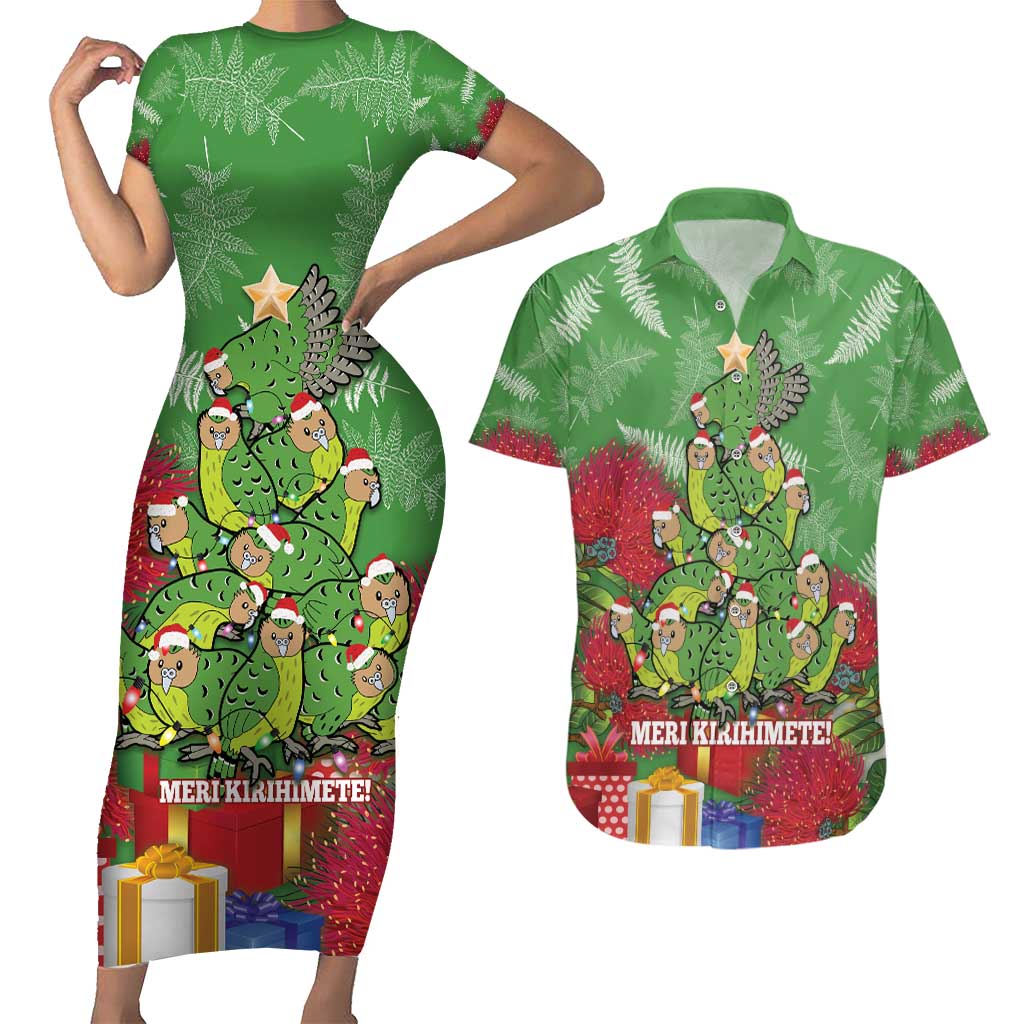 Kakapo New Zealand Christmas Couples Matching Short Sleeve Bodycon Dress and Hawaiian Shirt Meri Kirihimete Pohutukawa - Green Color