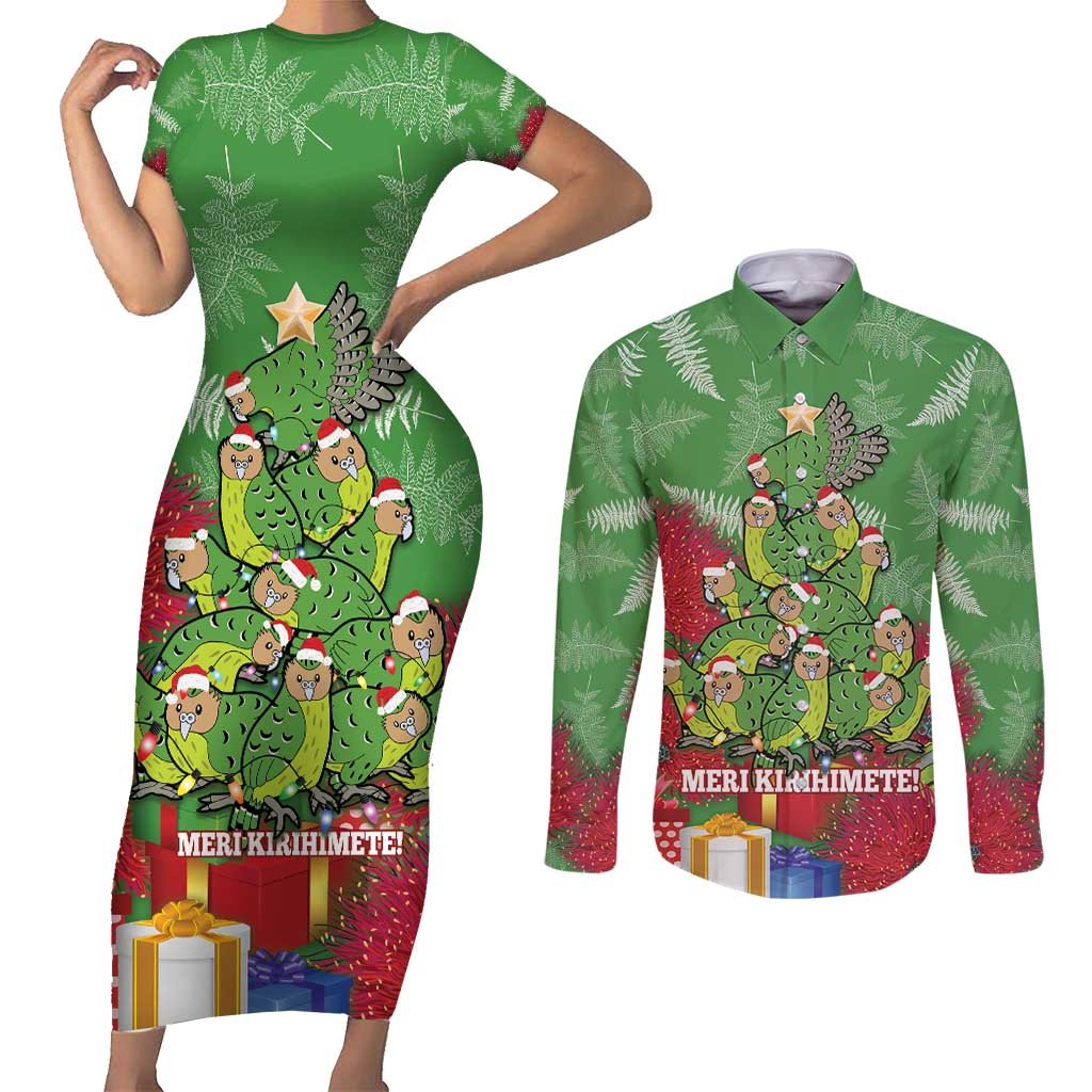 Kakapo New Zealand Christmas Couples Matching Short Sleeve Bodycon Dress and Long Sleeve Button Shirt Meri Kirihimete Pohutukawa - Green Color