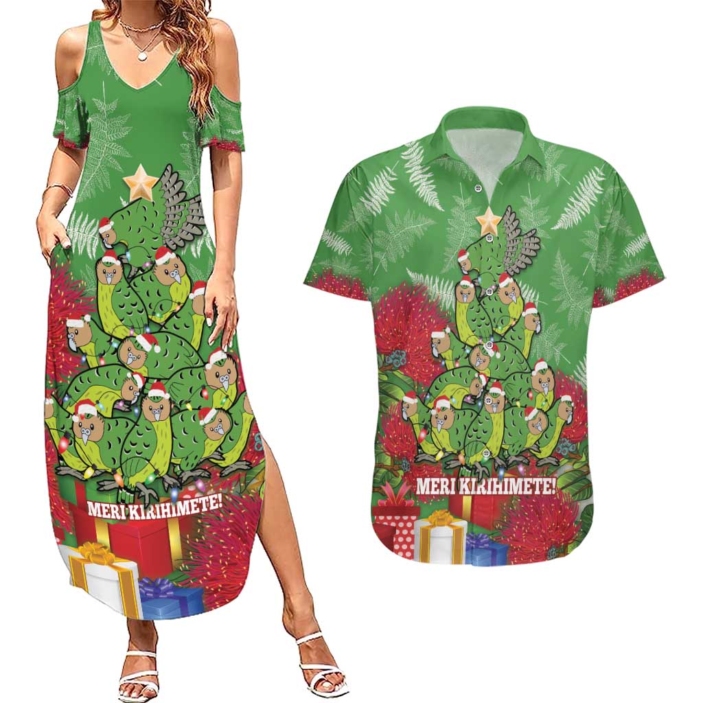 Kakapo New Zealand Christmas Couples Matching Summer Maxi Dress and Hawaiian Shirt Meri Kirihimete Pohutukawa - Green Color