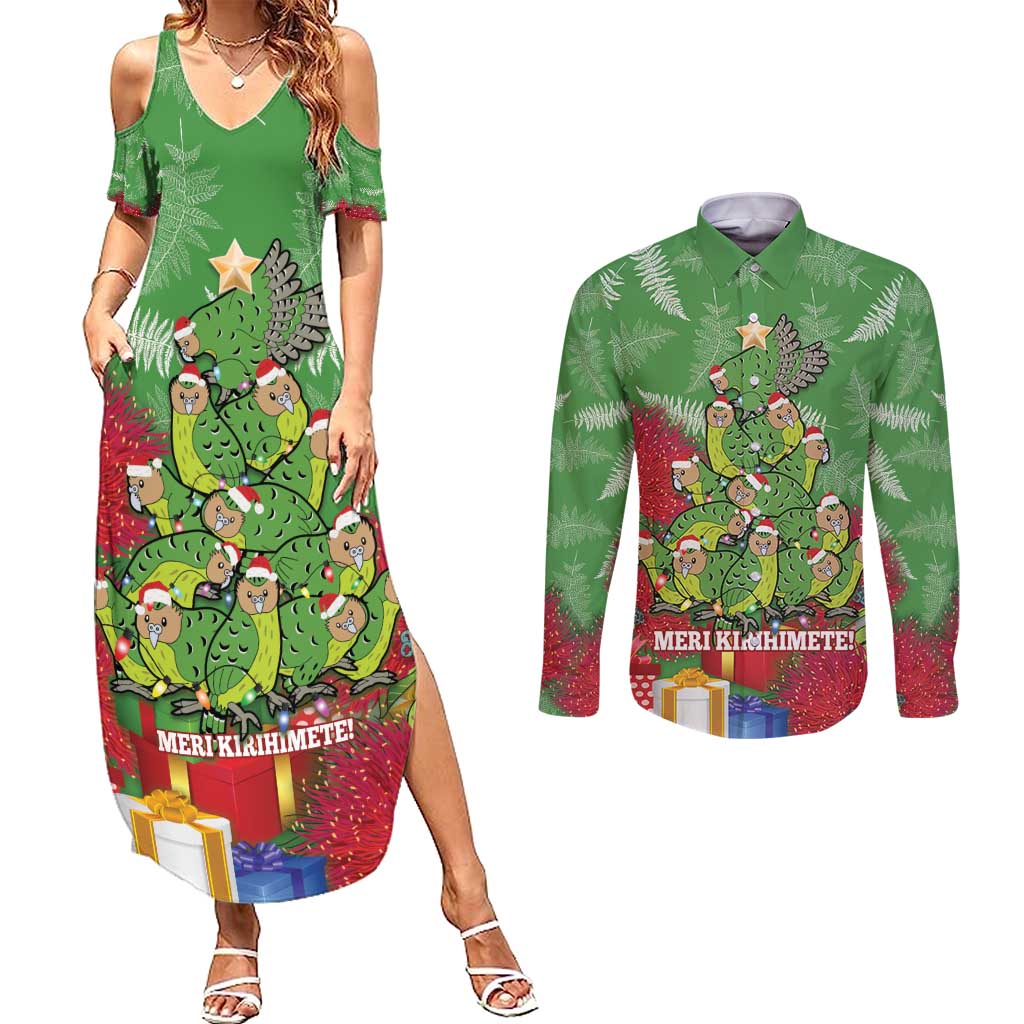 Kakapo New Zealand Christmas Couples Matching Summer Maxi Dress and Long Sleeve Button Shirt Meri Kirihimete Pohutukawa - Green Color