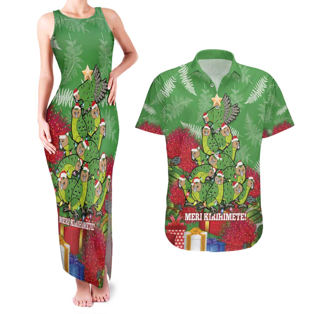 Kakapo New Zealand Christmas Couples Matching Tank Maxi Dress and Hawaiian Shirt Meri Kirihimete Pohutukawa - Green Color