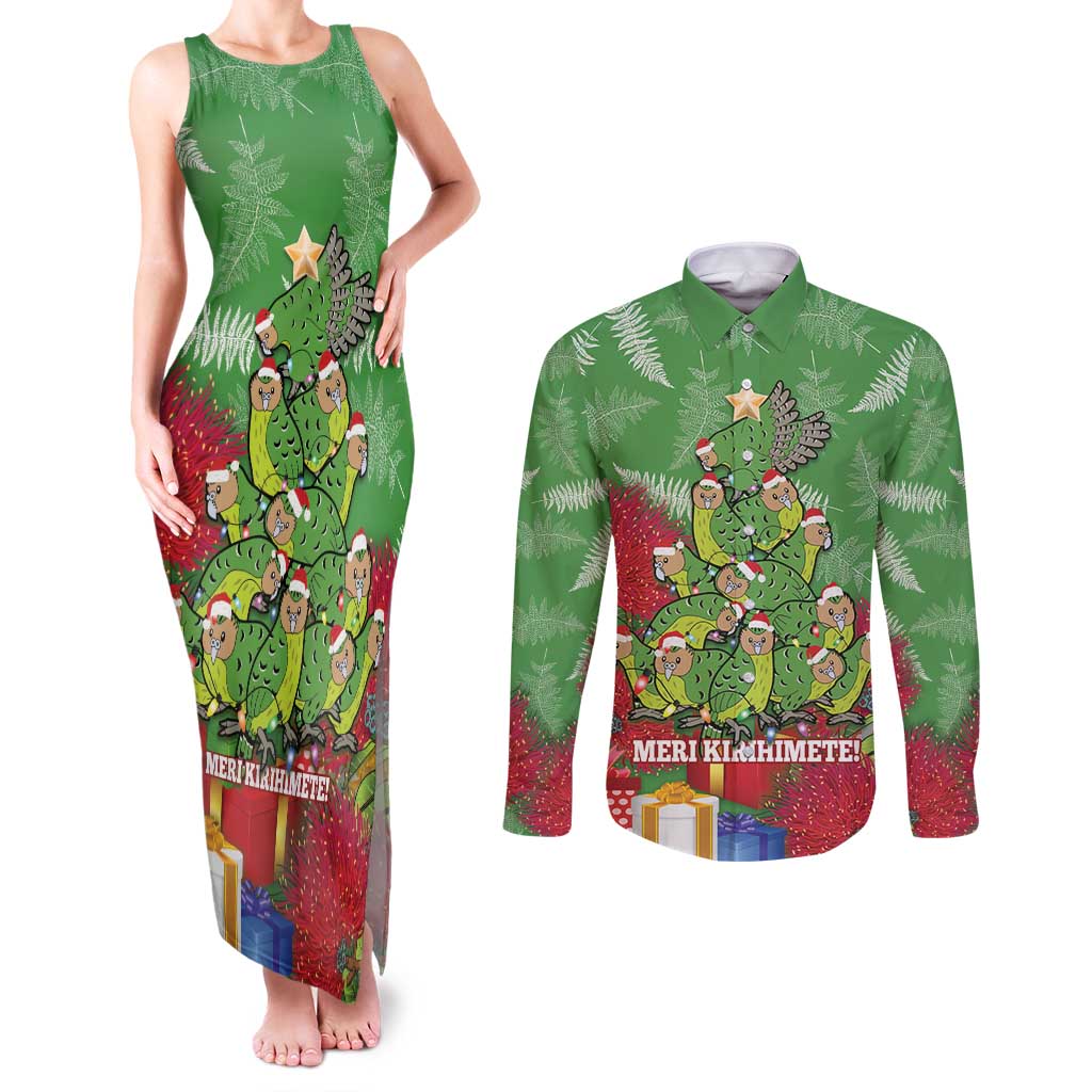 Kakapo New Zealand Christmas Couples Matching Tank Maxi Dress and Long Sleeve Button Shirt Meri Kirihimete Pohutukawa - Green Color