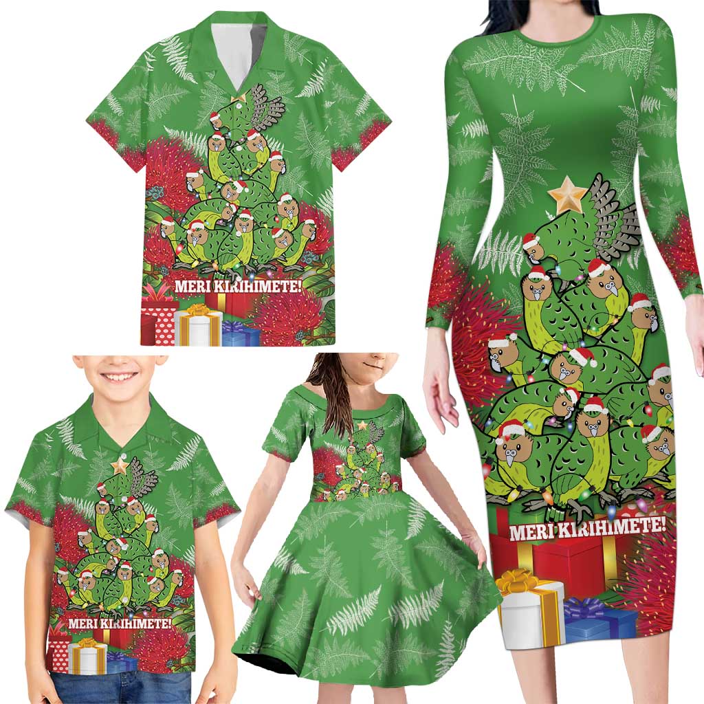 Kakapo New Zealand Christmas Family Matching Long Sleeve Bodycon Dress and Hawaiian Shirt Meri Kirihimete Pohutukawa - Green Color