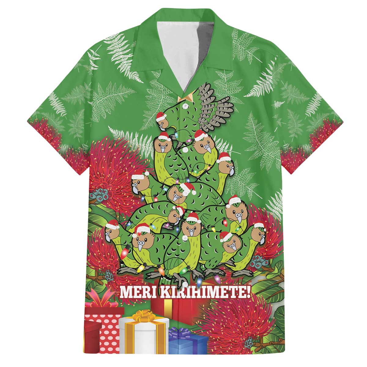 Kakapo New Zealand Christmas Family Matching Off The Shoulder Long Sleeve Dress and Hawaiian Shirt Meri Kirihimete Pohutukawa - Green Color