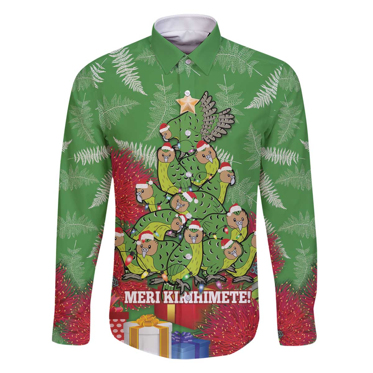 Kakapo New Zealand Christmas Family Matching Off The Shoulder Long Sleeve Dress and Hawaiian Shirt Meri Kirihimete Pohutukawa - Green Color