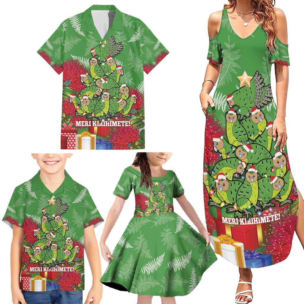 Kakapo New Zealand Christmas Family Matching Summer Maxi Dress and Hawaiian Shirt Meri Kirihimete Pohutukawa - Green Color