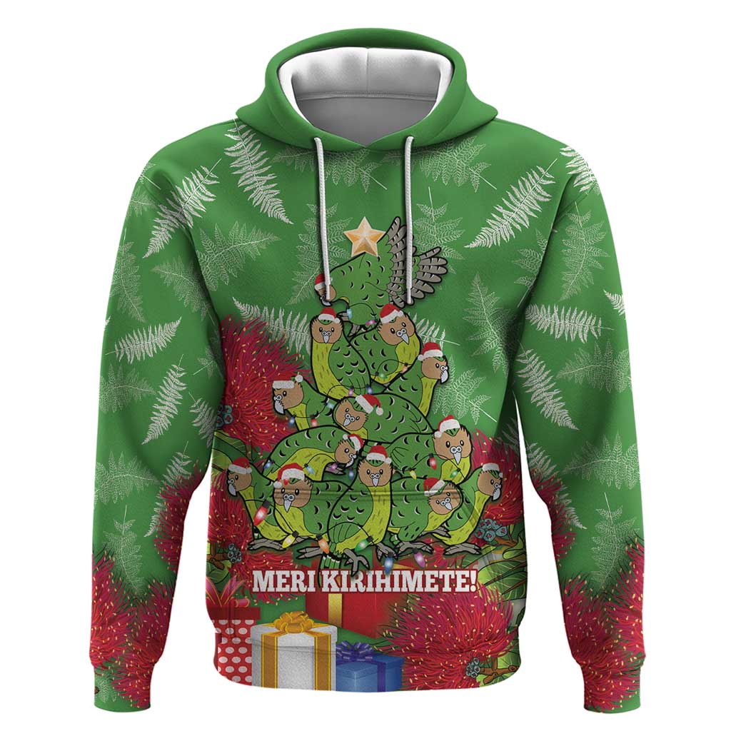 Kakapo New Zealand Christmas Hoodie Meri Kirihimete Pohutukawa - Green Color