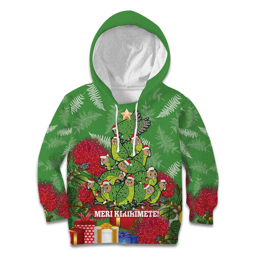 Kakapo New Zealand Christmas Kid Hoodie Meri Kirihimete Pohutukawa - Green Color