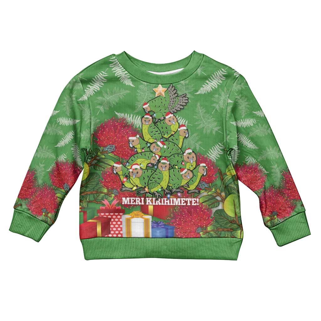 Kakapo New Zealand Christmas Kid Ugly Christmas Sweater Meri Kirihimete Pohutukawa - Green Color