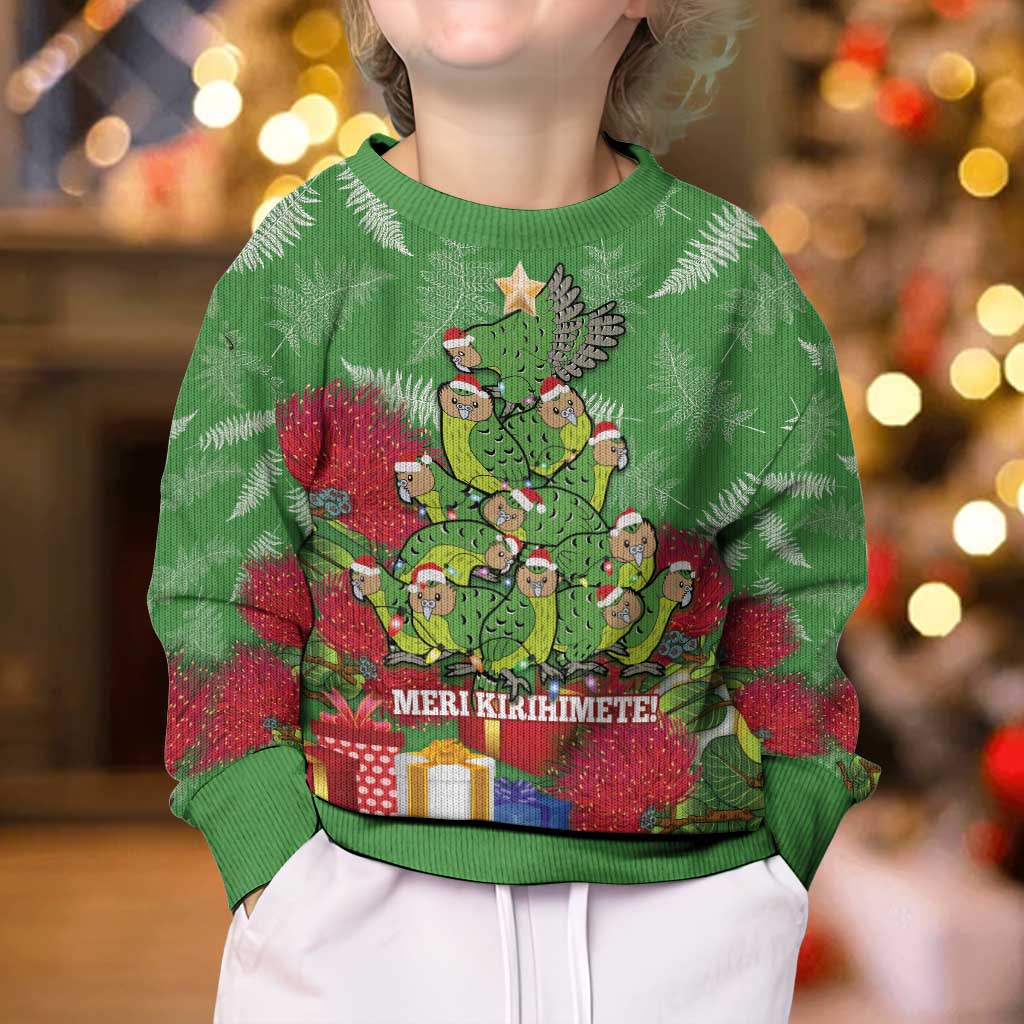 Kakapo New Zealand Christmas Kid Ugly Christmas Sweater Meri Kirihimete Pohutukawa - Green Color
