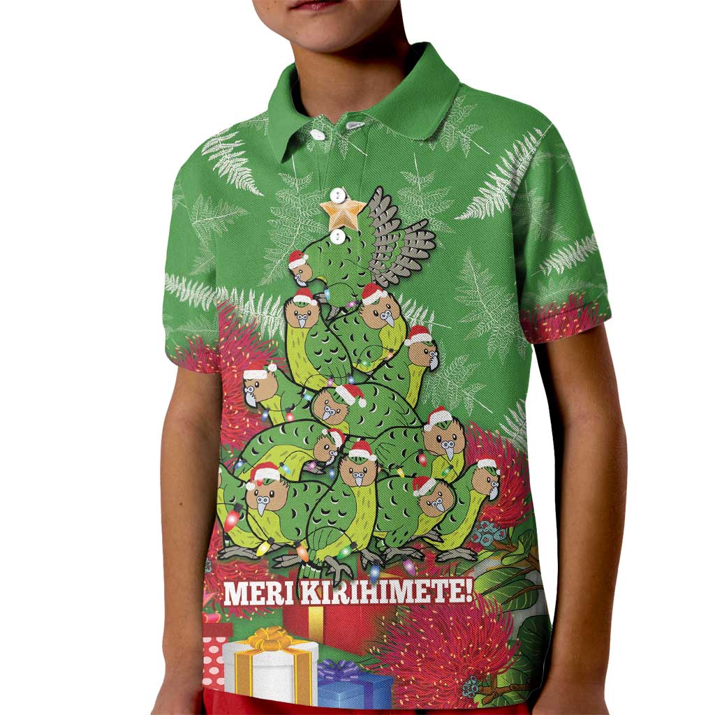 Kakapo New Zealand Christmas Kid Polo Shirt Meri Kirihimete Pohutukawa - Green Color