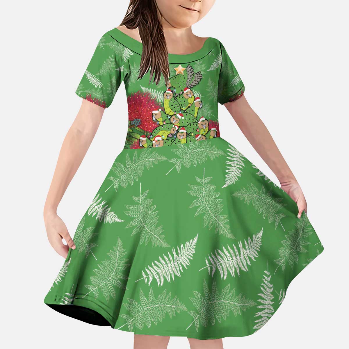 Kakapo New Zealand Christmas Kid Short Sleeve Dress Meri Kirihimete Pohutukawa - Green Color