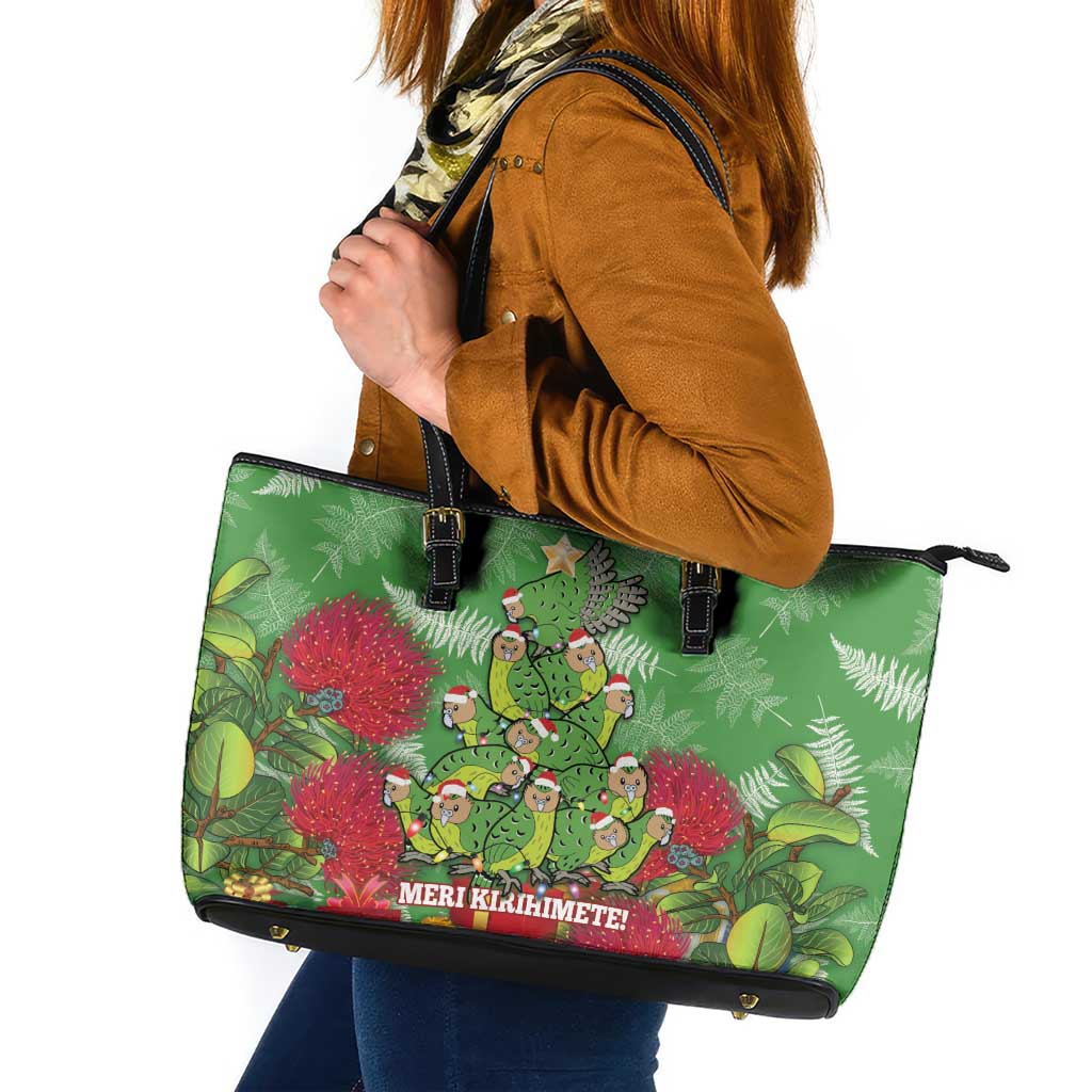 Kakapo New Zealand Christmas Leather Tote Bag Meri Kirihimete Pohutukawa - Green Color LT14 Green - Polynesian Pride