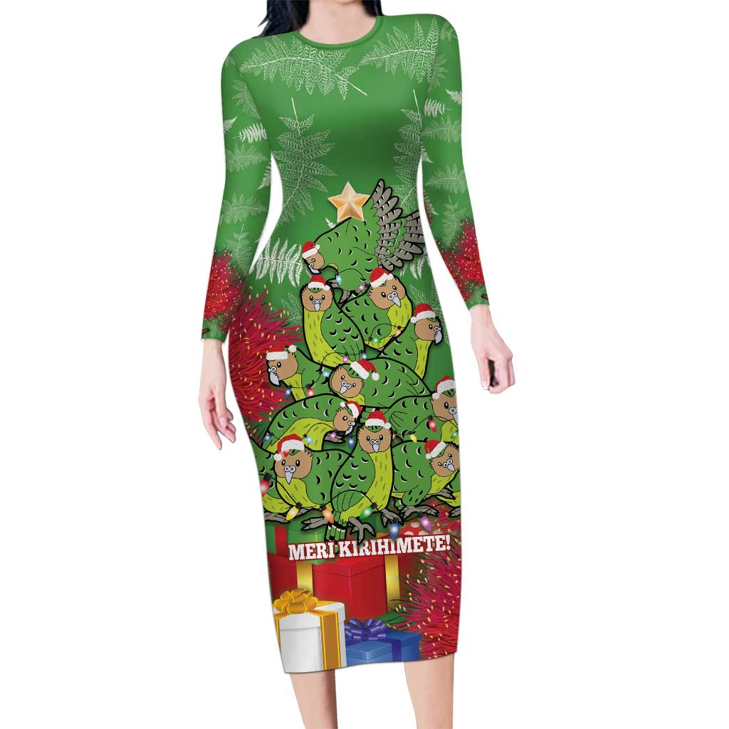 Kakapo New Zealand Christmas Long Sleeve Bodycon Dress Meri Kirihimete Pohutukawa - Green Color