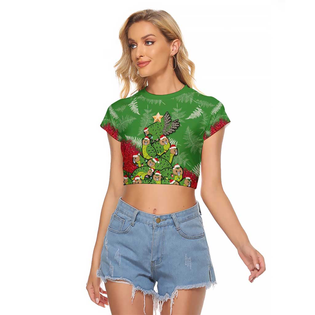 Kakapo New Zealand Christmas Raglan Cropped T Shirt Meri Kirihimete Pohutukawa - Green Color LT14 Female Green - Polynesian Pride