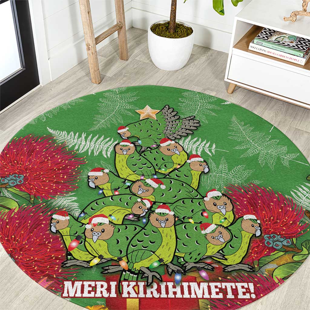 Kakapo New Zealand Christmas Round Carpet Meri Kirihimete Pohutukawa - Green Color