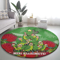 Kakapo New Zealand Christmas Round Carpet Meri Kirihimete Pohutukawa - Green Color