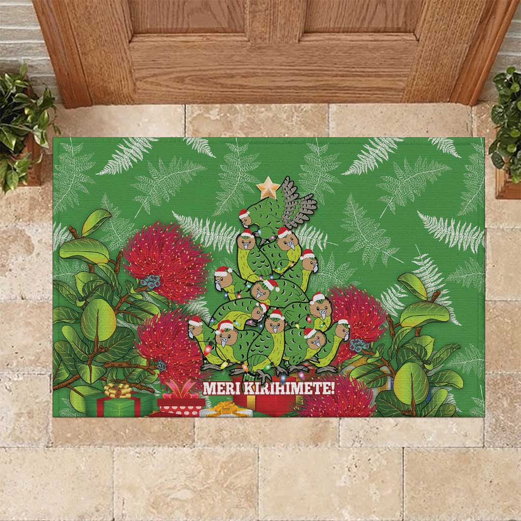 Kakapo New Zealand Christmas Rubber Doormat Meri Kirihimete Pohutukawa - Green Color