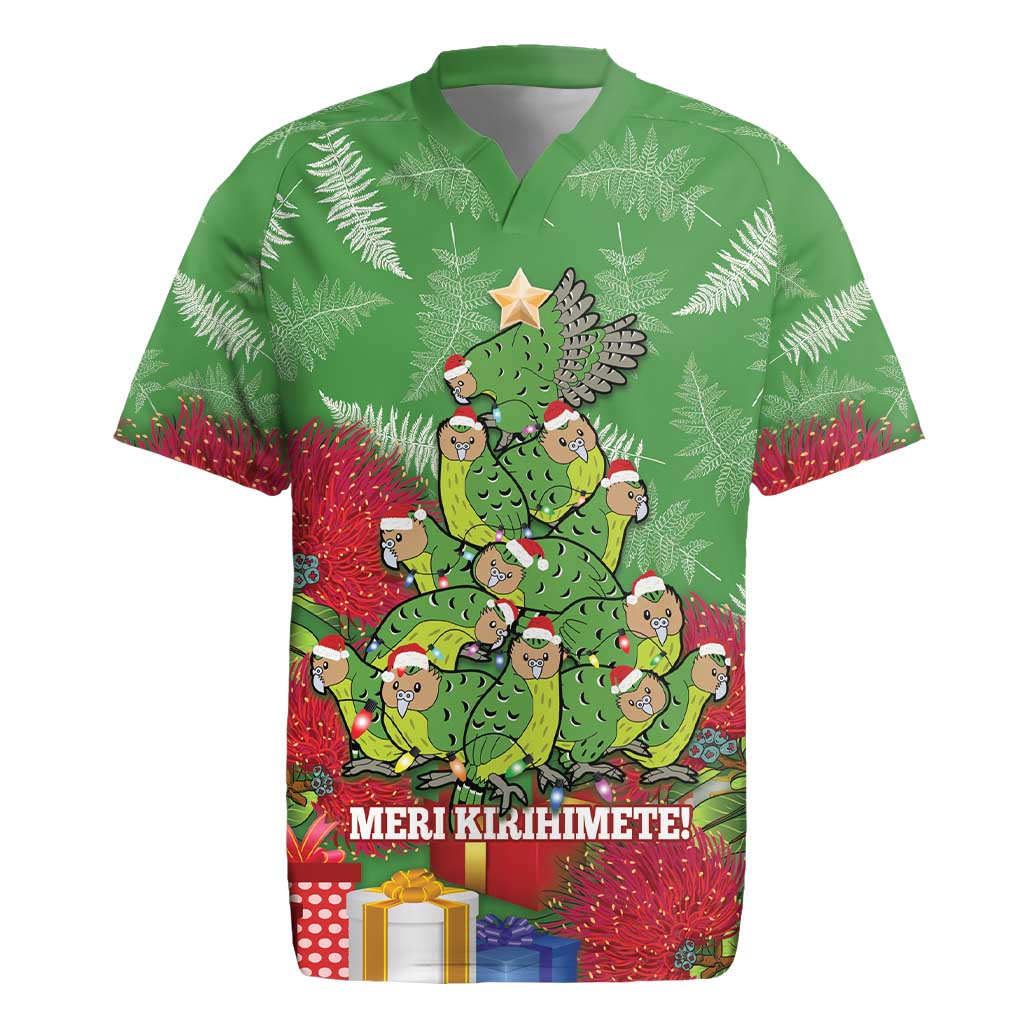 Kakapo New Zealand Christmas Rugby Jersey Meri Kirihimete Pohutukawa - Green Color