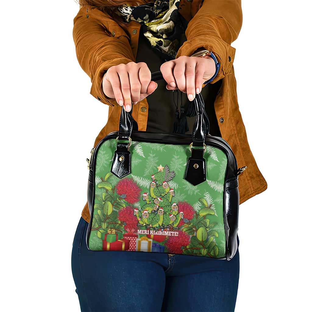 Kakapo New Zealand Christmas Shoulder Handbag Meri Kirihimete Pohutukawa - Green Color