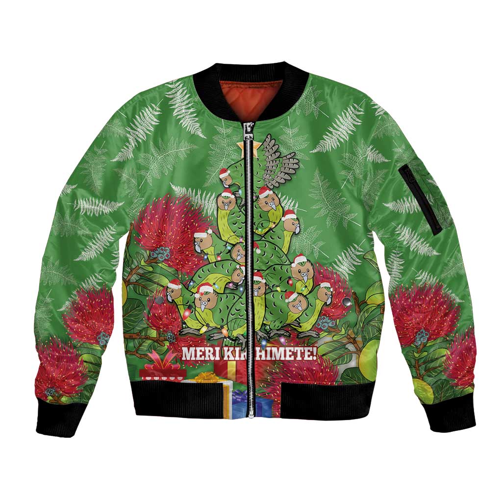 Kakapo New Zealand Christmas Sleeve Zip Bomber Jacket Meri Kirihimete Pohutukawa - Green Color