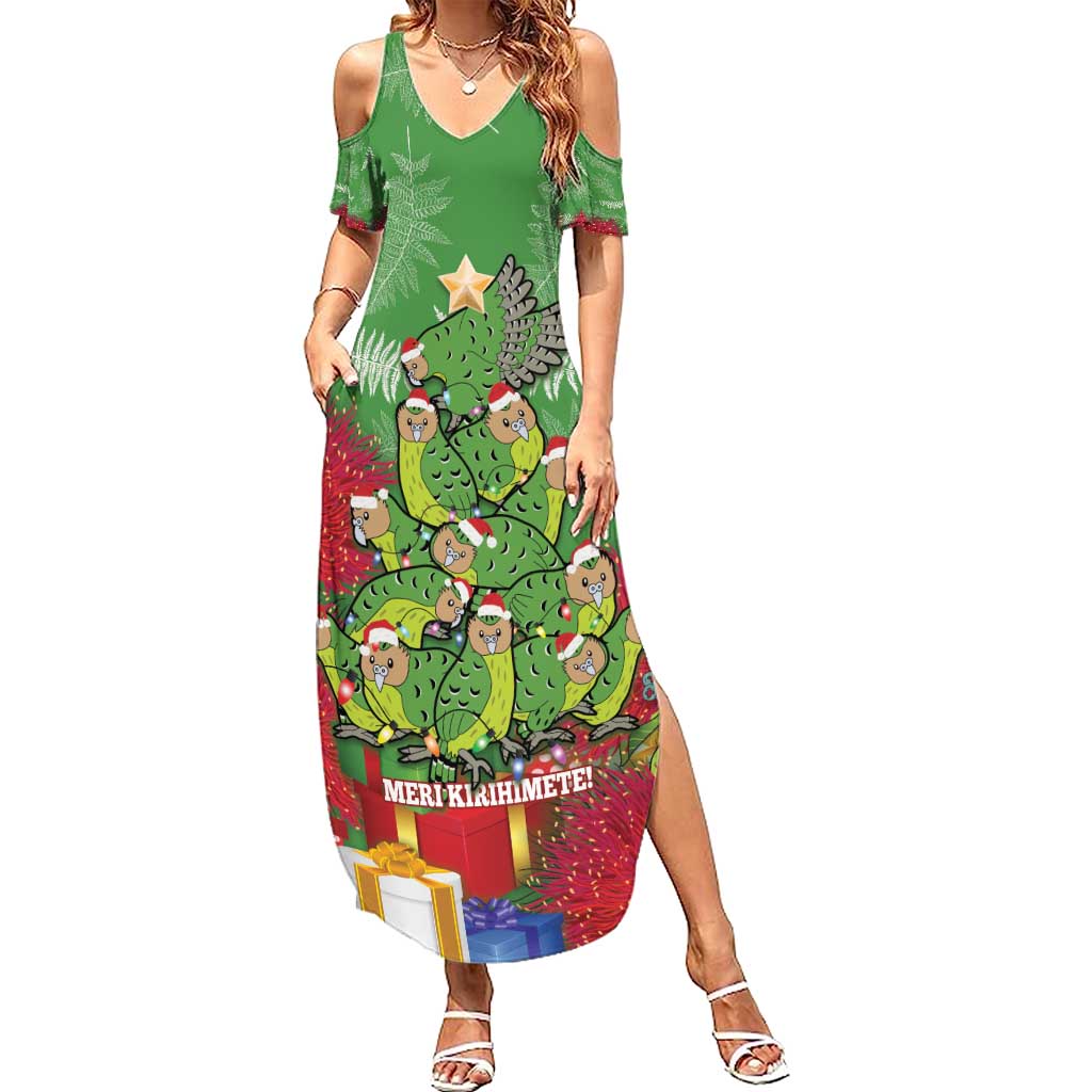 Kakapo New Zealand Christmas Summer Maxi Dress Meri Kirihimete Pohutukawa - Green Color