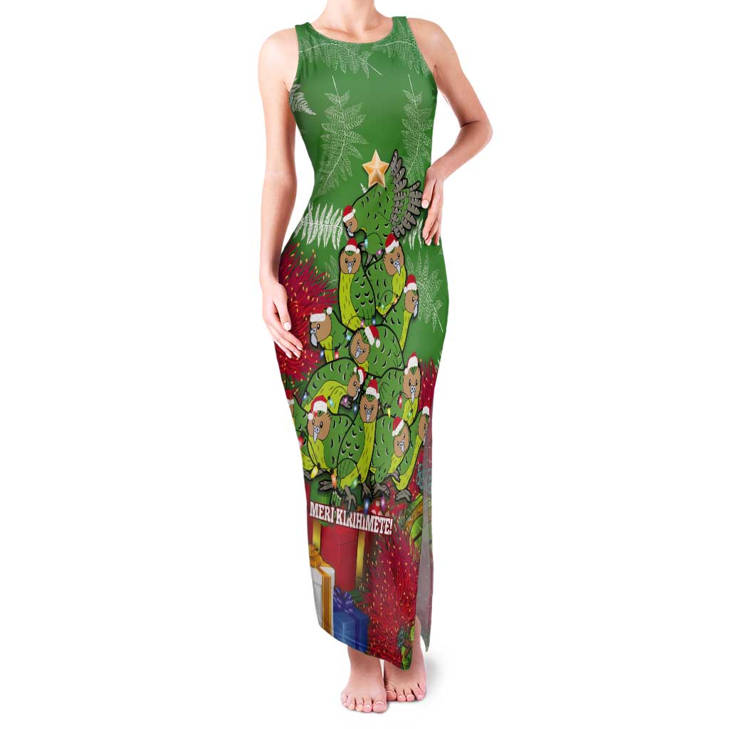 Kakapo New Zealand Christmas Tank Maxi Dress Meri Kirihimete Pohutukawa - Green Color