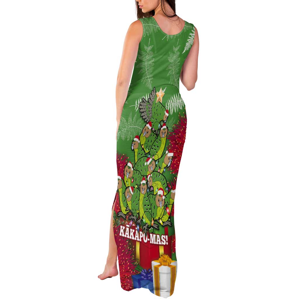 Kakapo New Zealand Christmas Tank Maxi Dress Meri Kirihimete Pohutukawa - Green Color