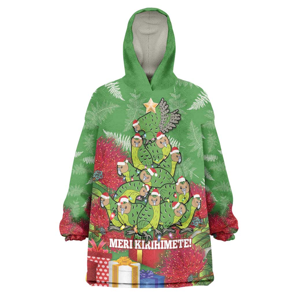 Kakapo New Zealand Christmas Wearable Blanket Hoodie Meri Kirihimete Pohutukawa - Green Color LT14 One Size Green - Polynesian Pride