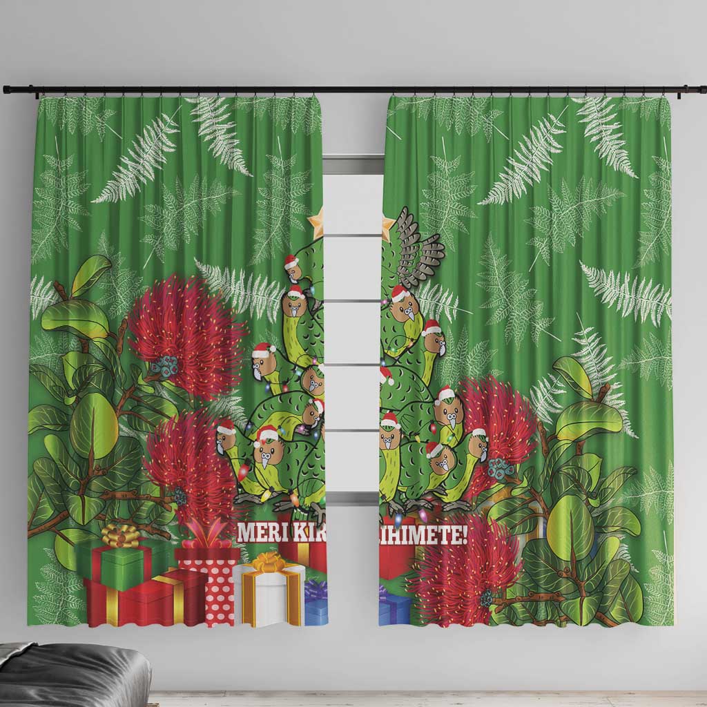 Kakapo New Zealand Christmas Window Curtain Meri Kirihimete Pohutukawa - Green Color