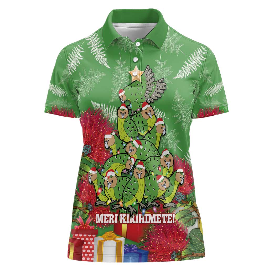 Kakapo New Zealand Christmas Women Polo Shirt Meri Kirihimete Pohutukawa - Green Color