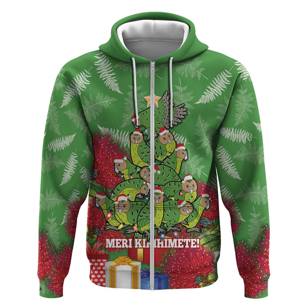 Kakapo New Zealand Christmas Zip Hoodie Meri Kirihimete Pohutukawa - Green Color