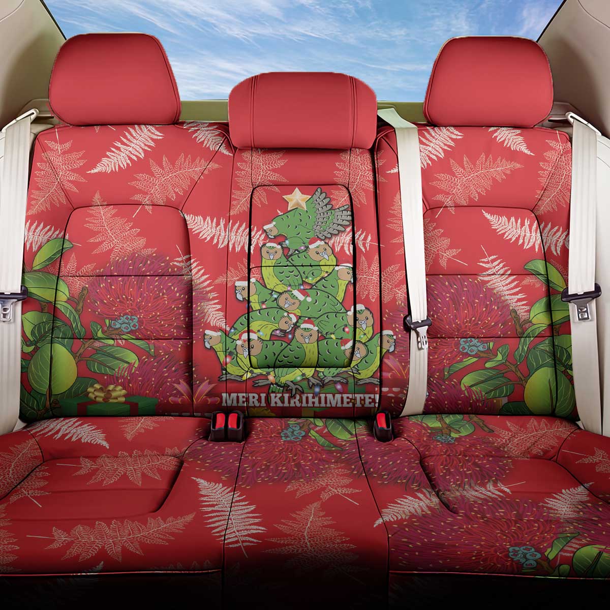 Kakapo New Zealand Christmas Back Car Seat Cover Meri Kirihimete Pohutukawa - Red Color