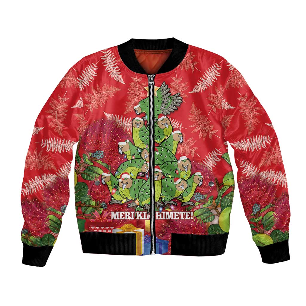 Kakapo New Zealand Christmas Bomber Jacket Meri Kirihimete Pohutukawa - Red Color