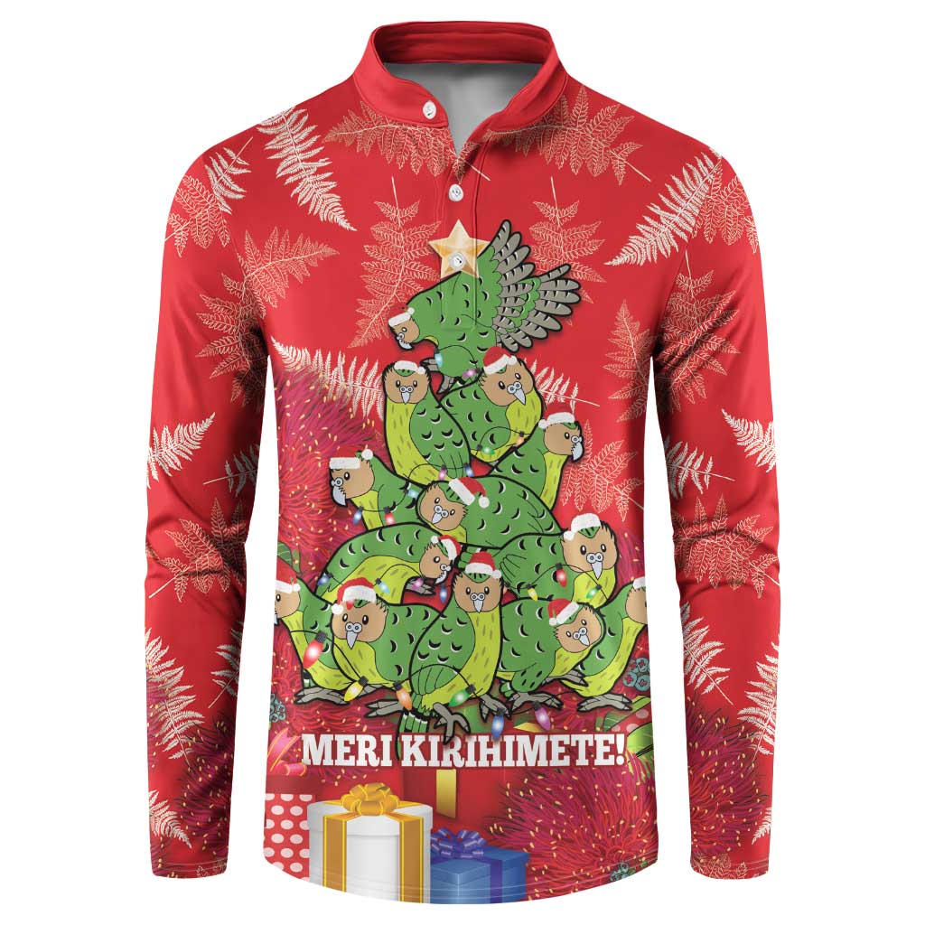 Kakapo New Zealand Christmas Button Sweatshirt Meri Kirihimete Pohutukawa - Red Color