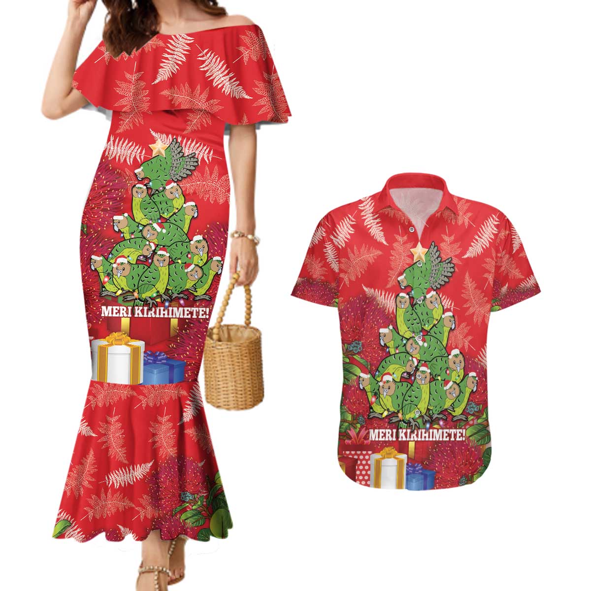 Kakapo New Zealand Christmas Couples Matching Mermaid Dress and Hawaiian Shirt Meri Kirihimete Pohutukawa - Red Color