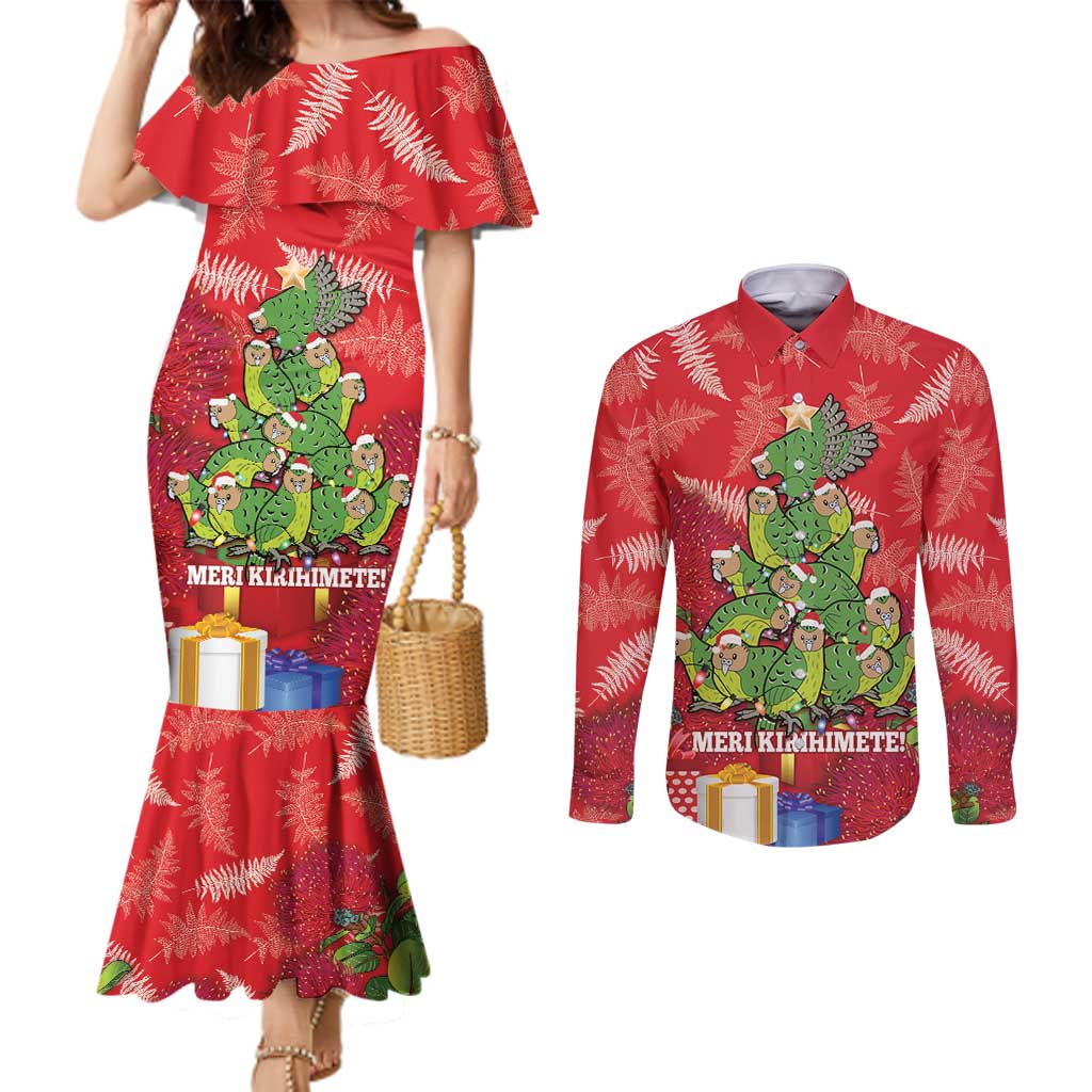 Kakapo New Zealand Christmas Couples Matching Mermaid Dress and Long Sleeve Button Shirt Meri Kirihimete Pohutukawa - Red Color