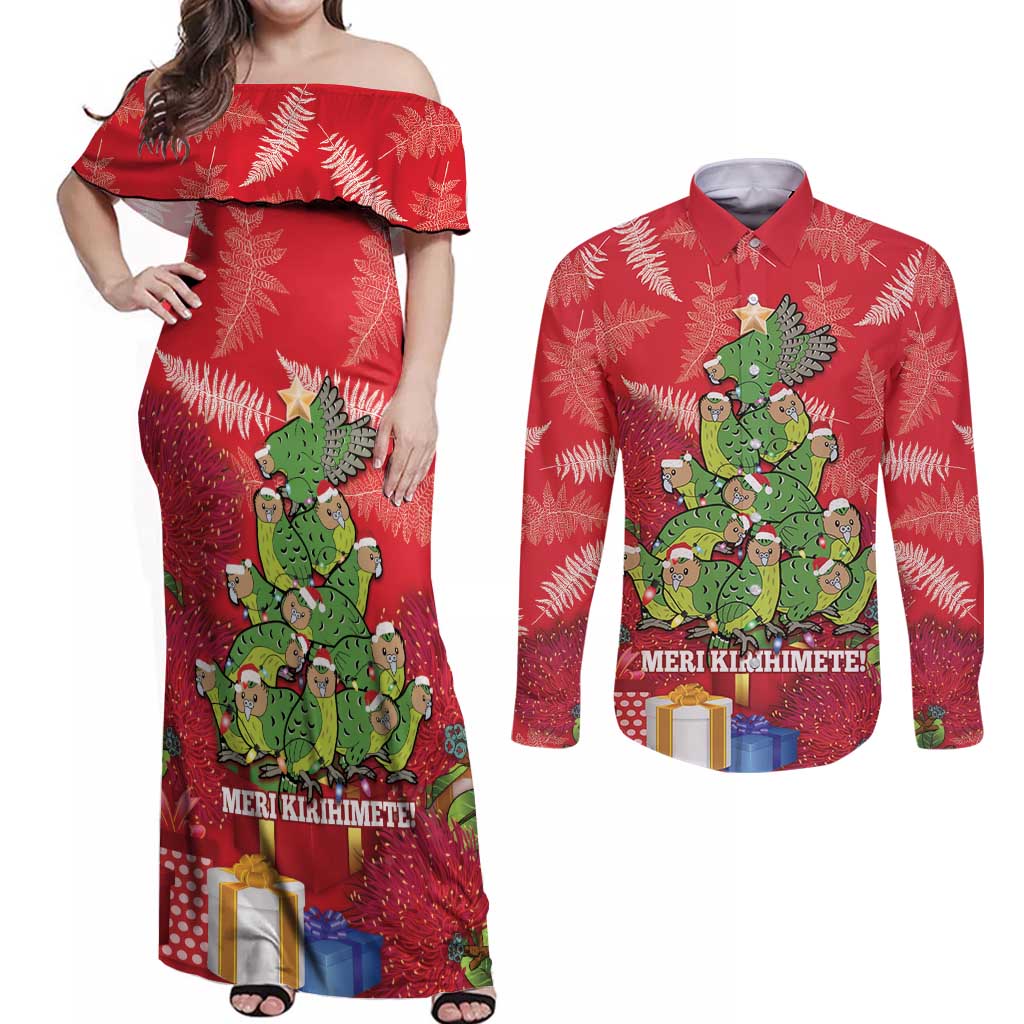 Kakapo New Zealand Christmas Couples Matching Off Shoulder Maxi Dress and Long Sleeve Button Shirt Meri Kirihimete Pohutukawa - Red Color