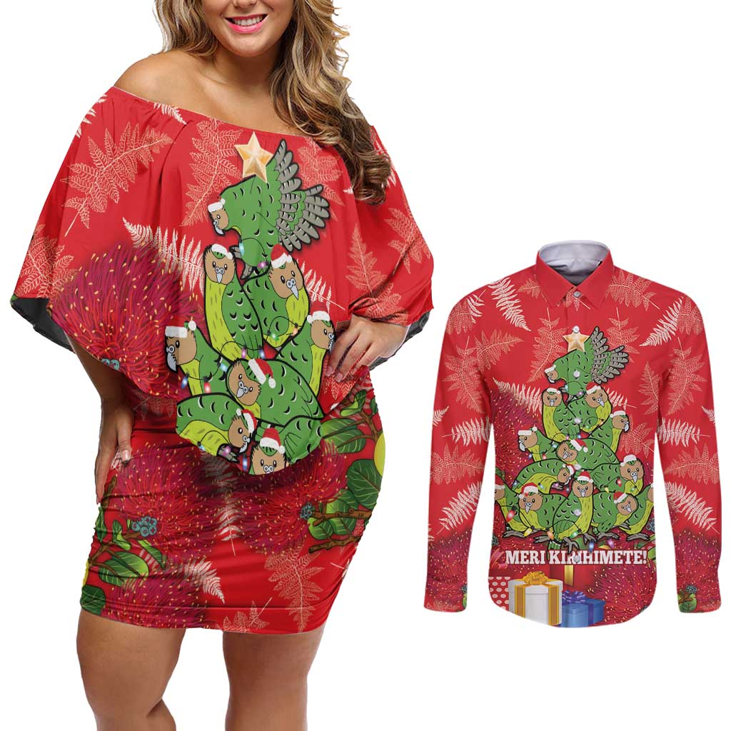Kakapo New Zealand Christmas Couples Matching Off Shoulder Short Dress and Long Sleeve Button Shirt Meri Kirihimete Pohutukawa - Red Color LT14 Red - Polynesian Pride