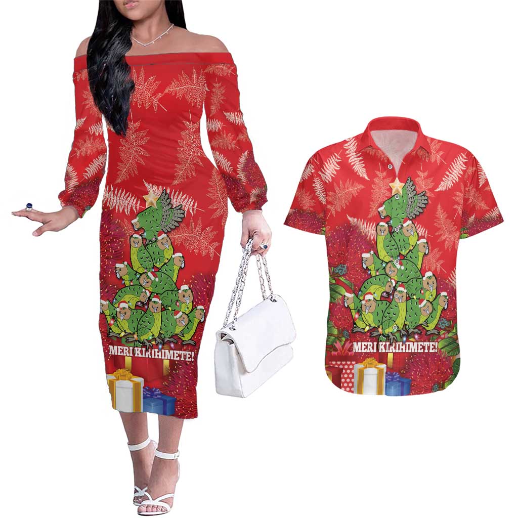 Kakapo New Zealand Christmas Couples Matching Off The Shoulder Long Sleeve Dress and Hawaiian Shirt Meri Kirihimete Pohutukawa - Red Color LT14 Red - Polynesian Pride