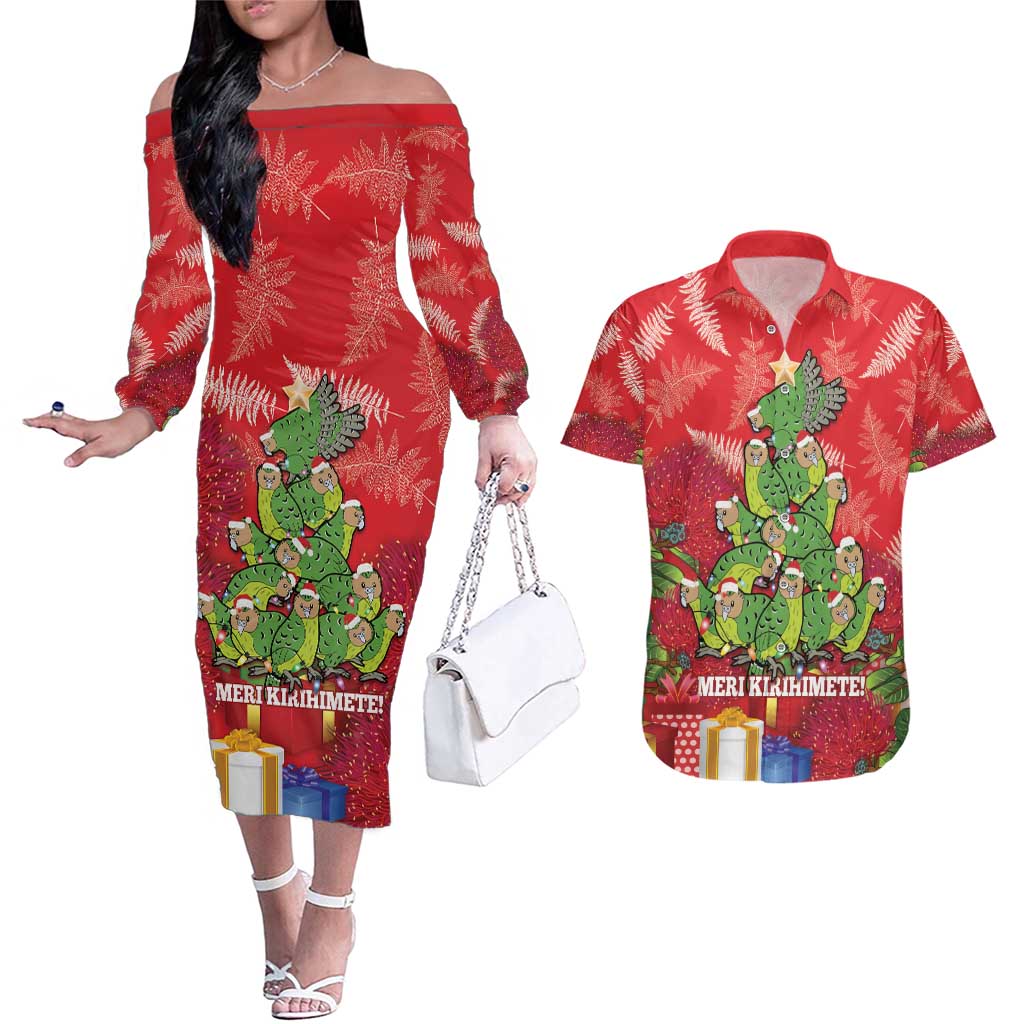 Kakapo New Zealand Christmas Couples Matching Off The Shoulder Long Sleeve Dress and Hawaiian Shirt Meri Kirihimete Pohutukawa - Red Color