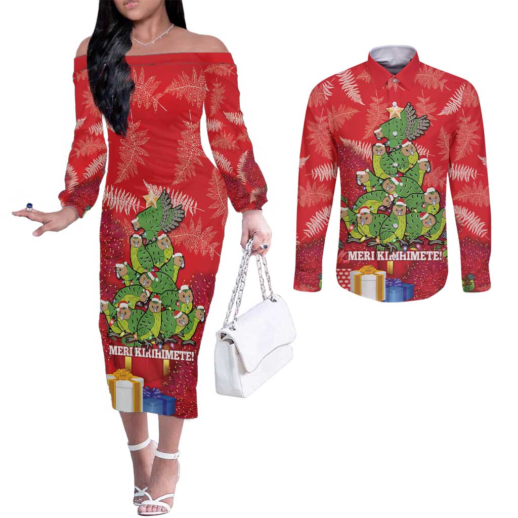 Kakapo New Zealand Christmas Couples Matching Off The Shoulder Long Sleeve Dress and Long Sleeve Button Shirt Meri Kirihimete Pohutukawa - Red Color