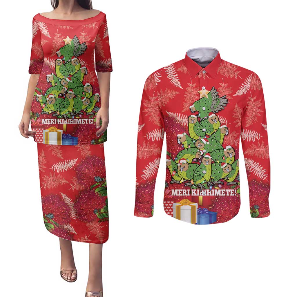 Kakapo New Zealand Christmas Couples Matching Puletasi and Long Sleeve Button Shirt Meri Kirihimete Pohutukawa - Red Color LT14 Red - Polynesian Pride