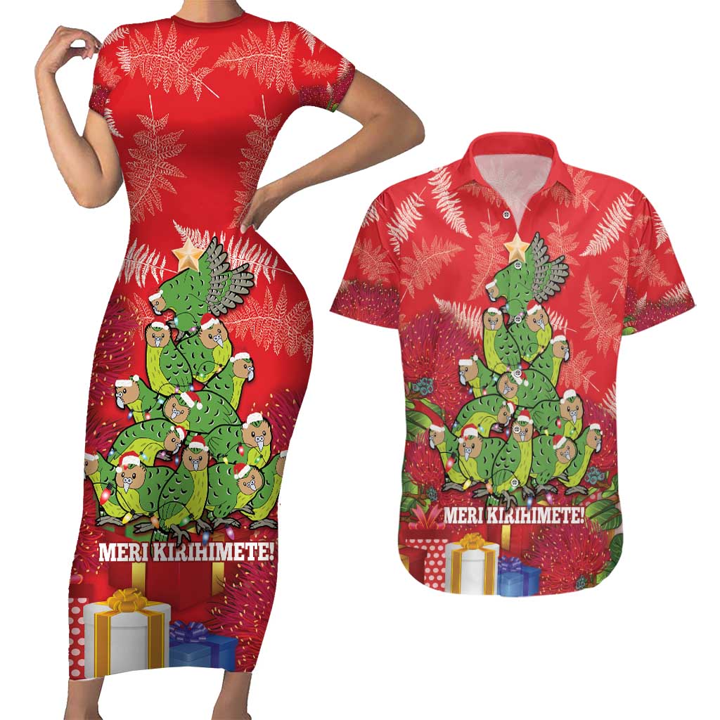 Kakapo New Zealand Christmas Couples Matching Short Sleeve Bodycon Dress and Hawaiian Shirt Meri Kirihimete Pohutukawa - Red Color LT14 Red - Polynesian Pride