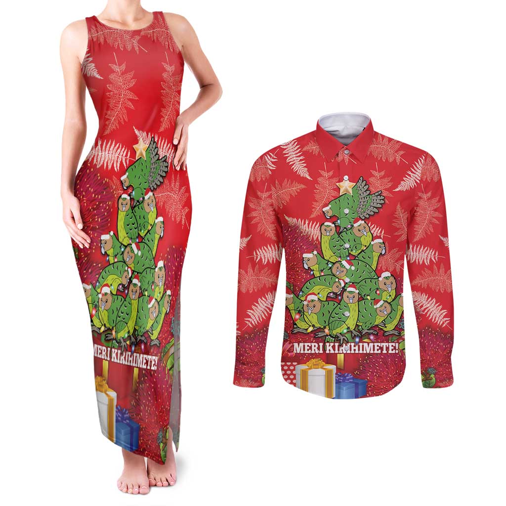 Kakapo New Zealand Christmas Couples Matching Tank Maxi Dress and Long Sleeve Button Shirt Meri Kirihimete Pohutukawa - Red Color