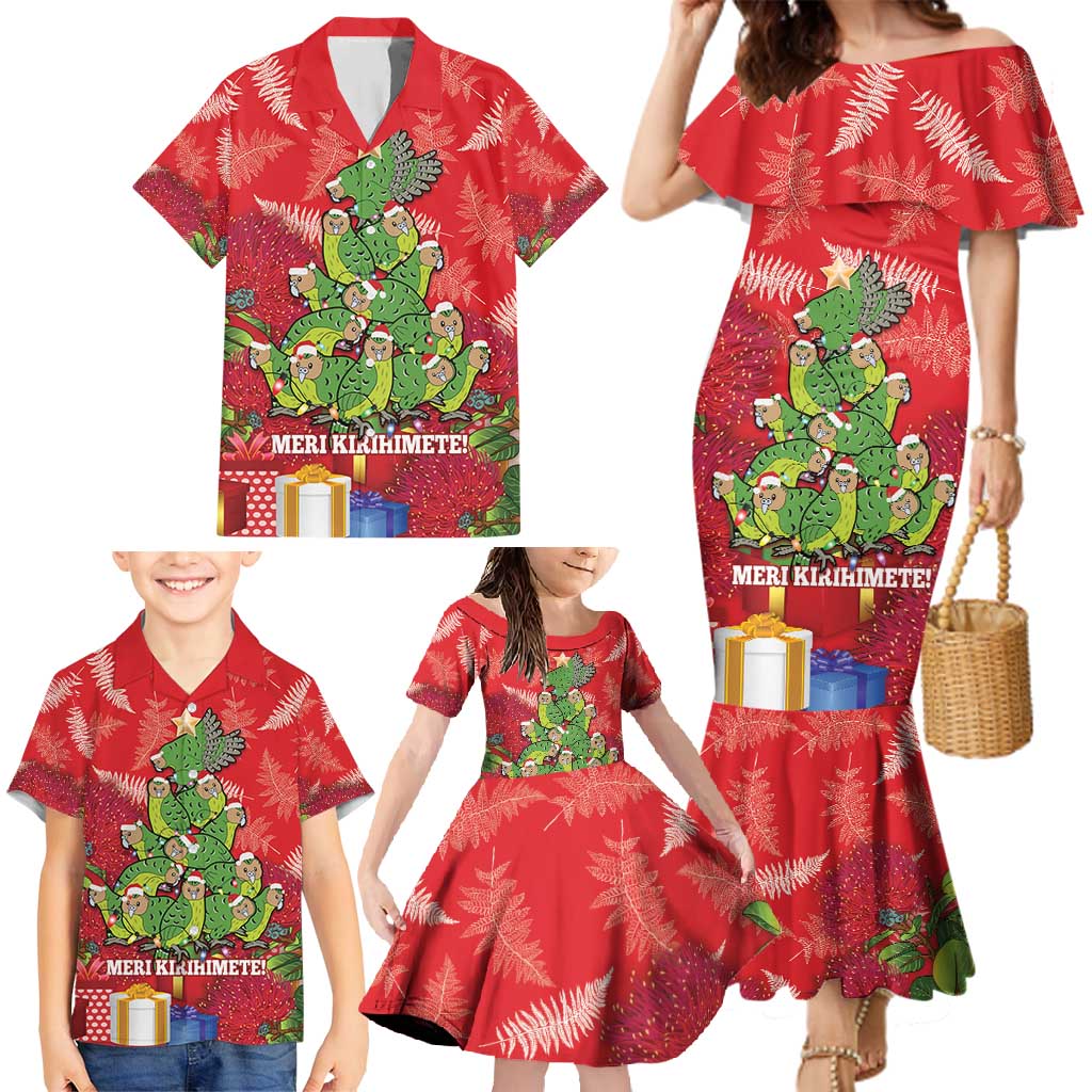 Kakapo New Zealand Christmas Family Matching Mermaid Dress and Hawaiian Shirt Meri Kirihimete Pohutukawa - Red Color