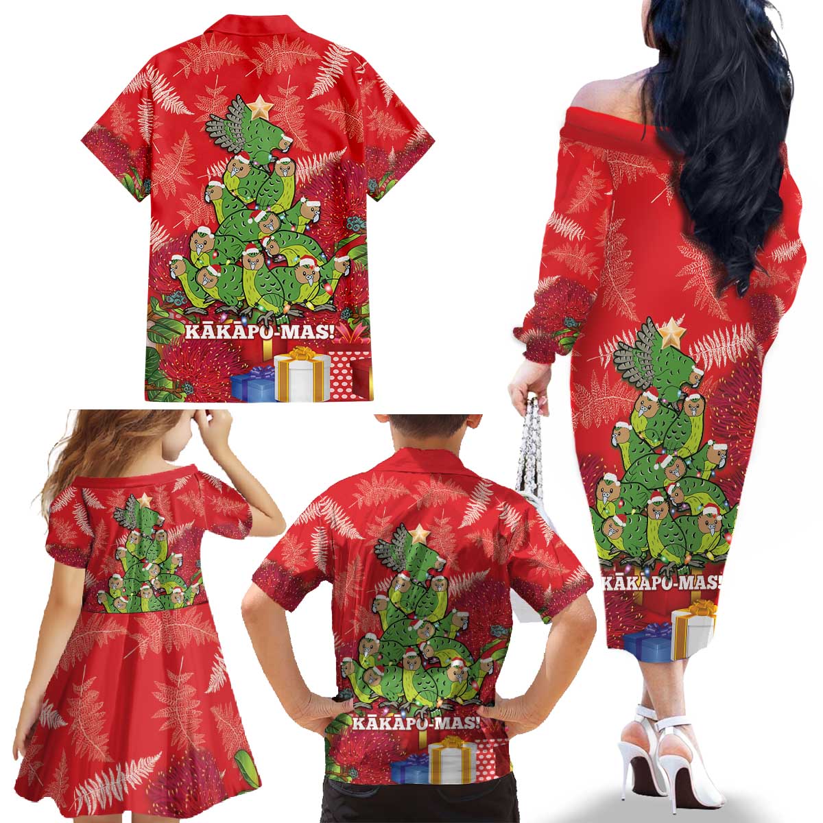 Kakapo New Zealand Christmas Family Matching Off The Shoulder Long Sleeve Dress and Hawaiian Shirt Meri Kirihimete Pohutukawa - Red Color