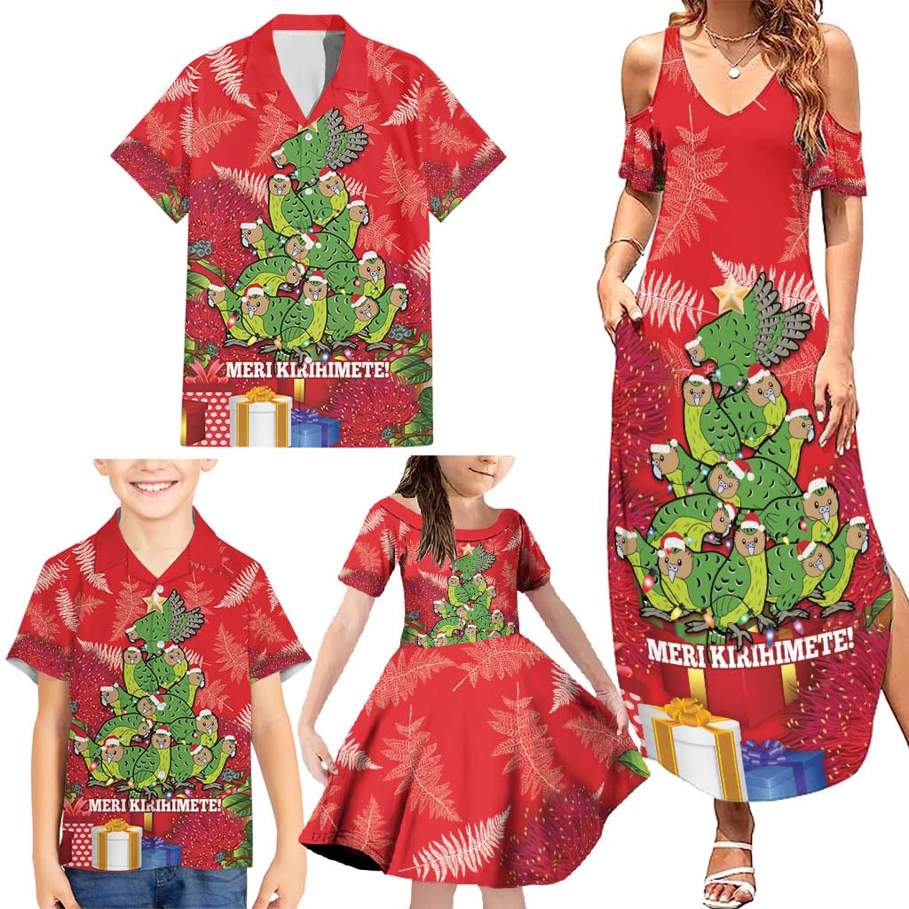 Kakapo New Zealand Christmas Family Matching Summer Maxi Dress and Hawaiian Shirt Meri Kirihimete Pohutukawa - Red Color