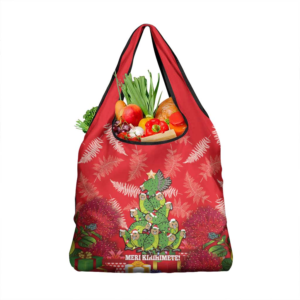 Kakapo New Zealand Christmas Grocery Bag Meri Kirihimete Pohutukawa - Red Color