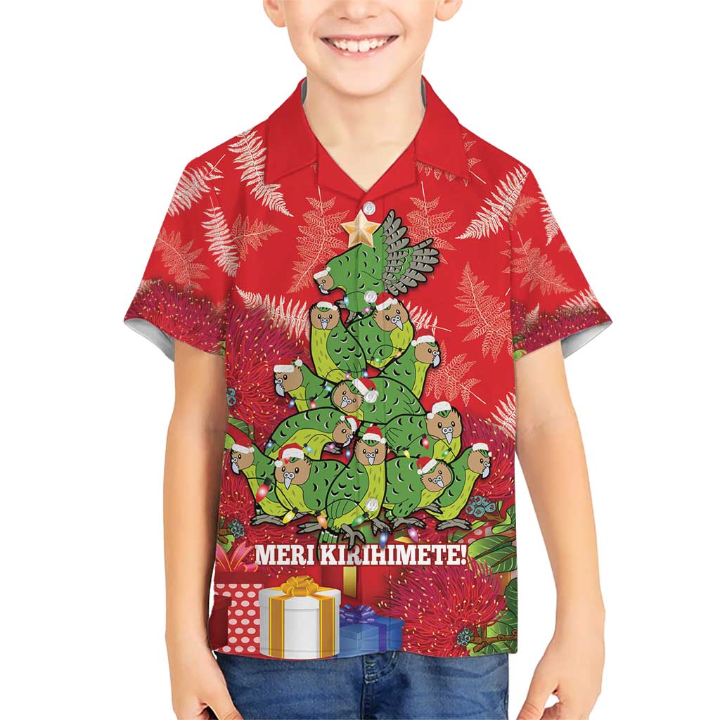 Kakapo New Zealand Christmas Kid Hawaiian Shirt Meri Kirihimete Pohutukawa - Red Color